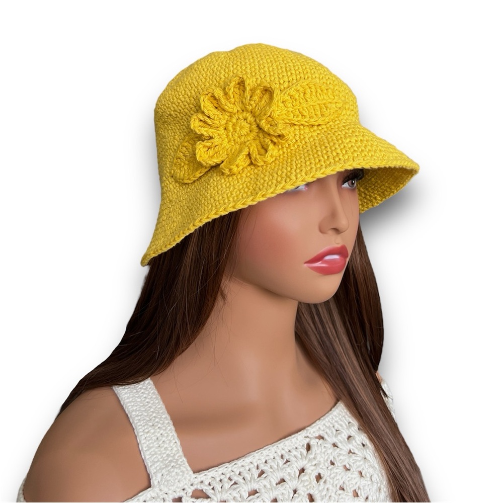 Flower Accent Crochet Yellow Bucket Hat Handmade Cotton